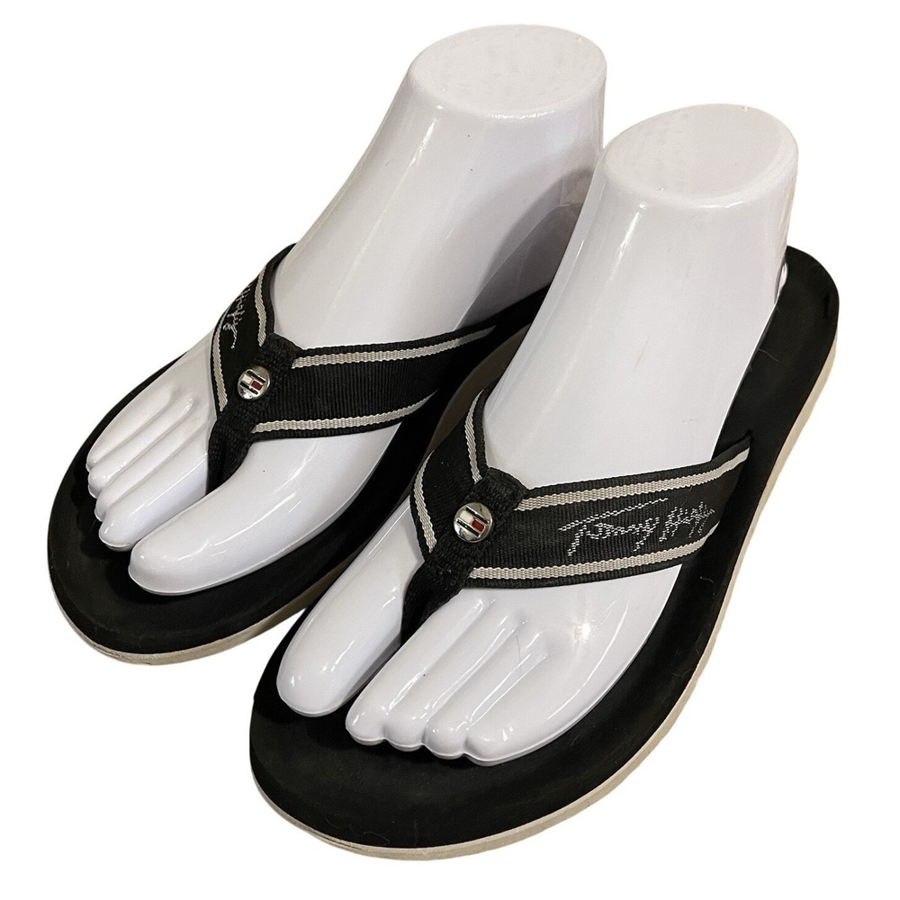 Womens Size 8 Tommy Hilfiger Black Logo Thong Flip Flops Sandals Beach Foam